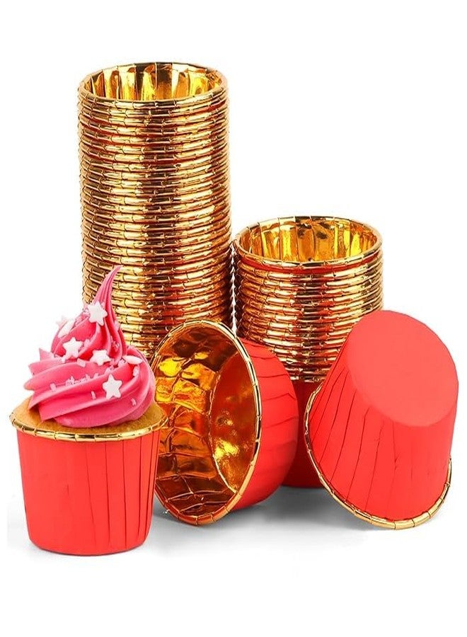 Deera Red Outer and Gold Color Inner Finish Expandable Muffin Cup Cake Paper Mould - Medium, Pack of 50 - Image 2